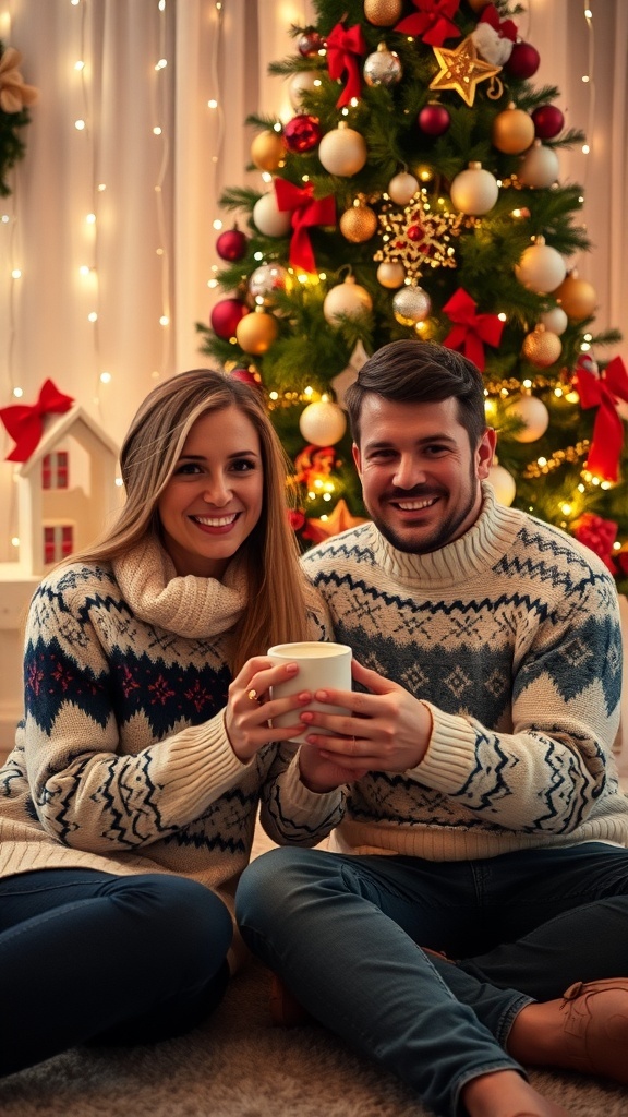 Couple by a Christmas tree with hot cocoa, smiling in cozy sweaters.